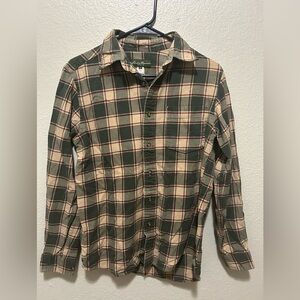 Eddie Bauer Men's Beige and Green Plaid Flannel Shirt 100% Cotton Size Small